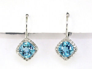 14 Karat White Gold Blue Topaz and Diamond Dangle Halo Style Fashion Earrings