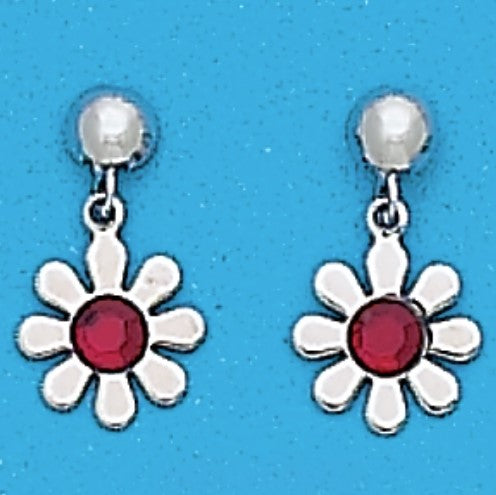 A Pair of White Tone Dangle Daisy Earrings with Simulated Swarovski Crystals January (Garnet) Birthstones.