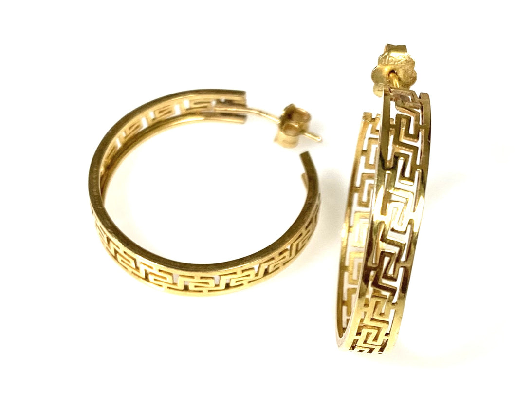 A Pair of 14 Karat Yellow Gold Estate Greek Key Hoop Earrings