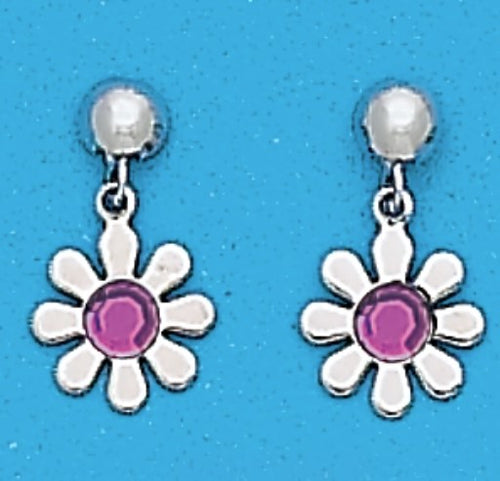 A Pair of White Tone Dangle Daisy earrings with Simulated Swarovski Crystals February (Amethyst) Birthstones.