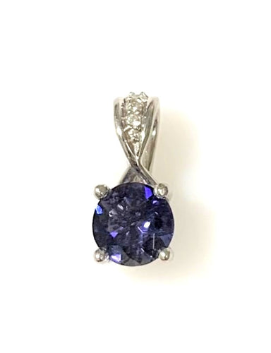 14 karat White Gold Iolite and Diamond Gemstone Pendant