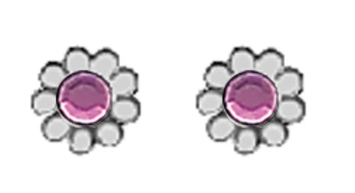 A Pair of White Tone Daisy Earrings with Simulated Swarovski Crystals February (Amethyst) Birthstones.