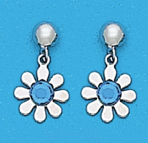 A Pair of White Tone Dangle Daisy Earrings with Simulated Swarovski Crystals March (Aquamarine) Birthstones.