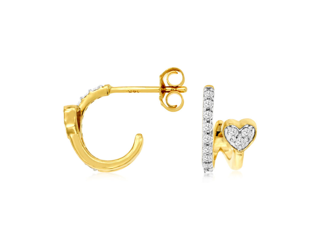14 Karat Yellow Gold Small Double Loop and Heart Diamond Fashion Earrings
