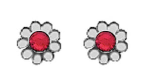 A pPr of White Tone Daisy Earrings with Simulated Swarovski Crystals July (Ruby) Birthstones.