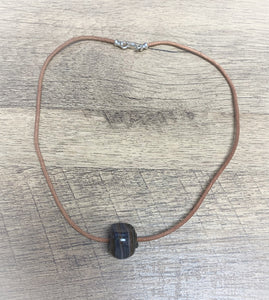 Handmade Brown, Blue and Grey sStriped Glass Bead Necklace on a Tan Leather Cord