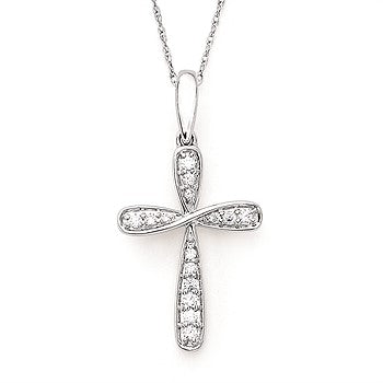 14 karat White Gold Infinity Inspired Diamond Cross Pendant.