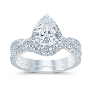 14 Karat White Gold Two Piece Halo Crossover Wedding Ring Set Semi Mounting