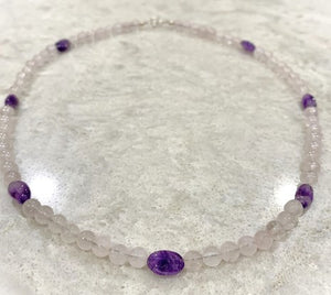 Handmade Pink Quartz Bead Necklace with Amethyst Beads