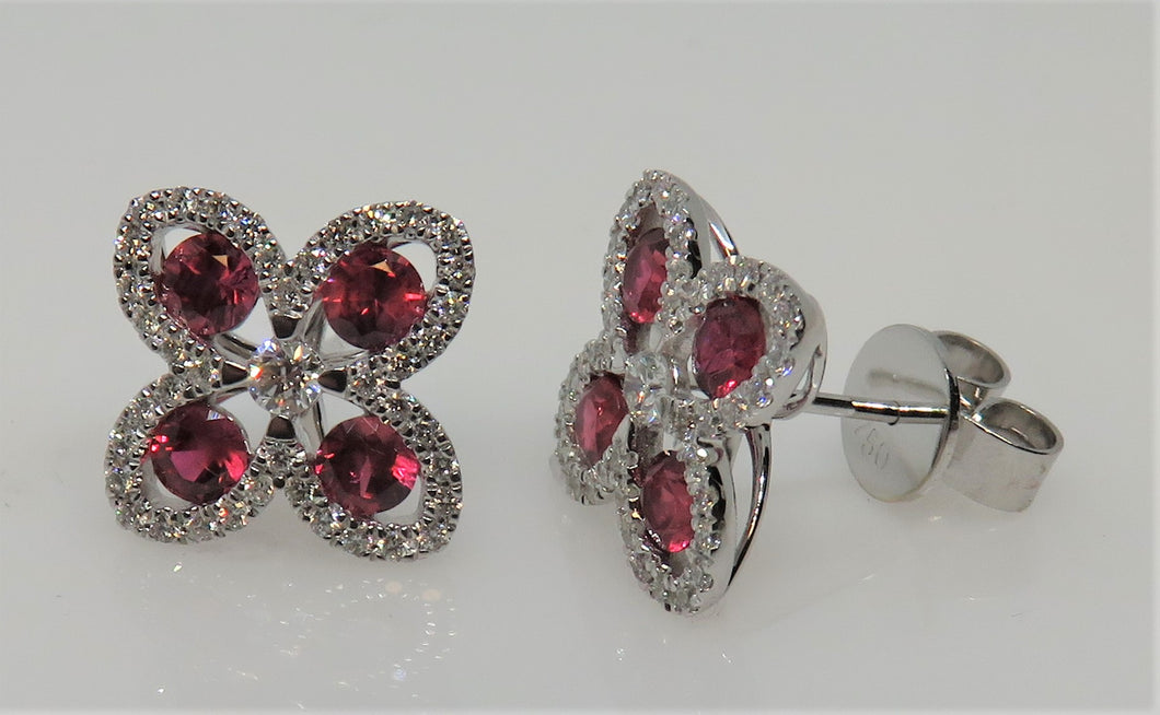Ruby Floral Cluster and Diamond White Gold Earrings