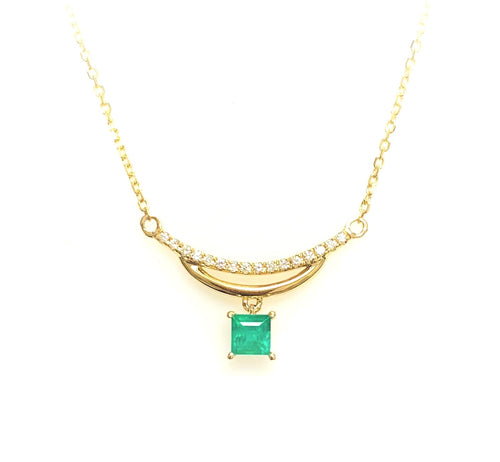 14 Karat Yellow Gold Emerald and Diamond Crescent Design Necklace