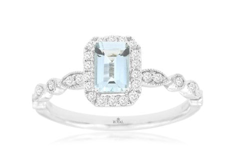 14 karat White Gold Halo Design Aquamarine and Diamond Fashion Ring