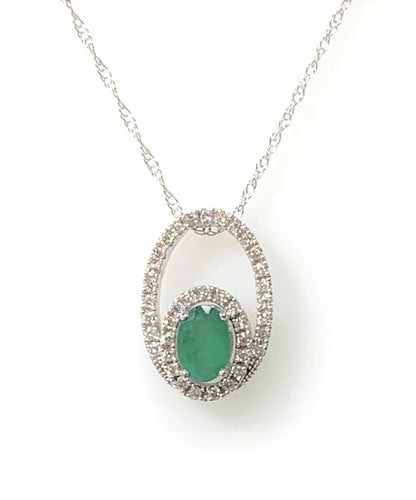 14 Karat White Gold Emerald and Diamond Fashion Pendant