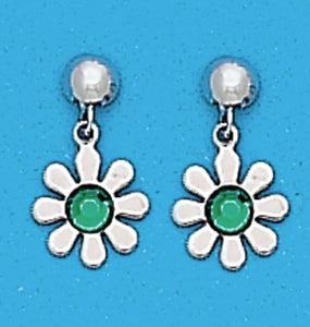 A Pair of White Tone Dangle Daisy Earrings with Simulated Swarovksi Crystals May (Emerald) Birthstones.  The earrings are finished with an allergy free post with friction nut backs.