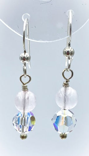 Sterling Silver Pink Quartz and Swarovski Crystal Bead Earrings