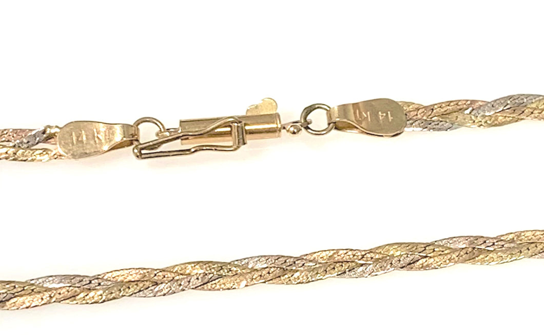 14 Karat Tri Color Braided Herrringbone Necklace