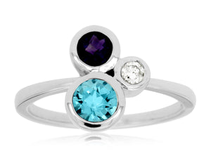 14 Karat White Gold Contemporary Design Blue Topaz and Amethyst Gemstone Fashion Ring