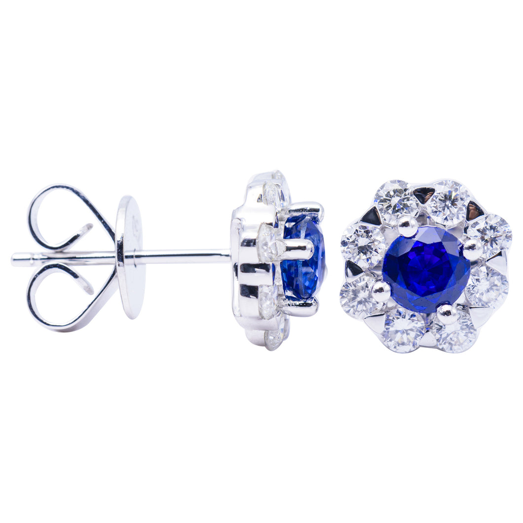 Round Blue Sapphire and Halo Diamond White Gold Earrings